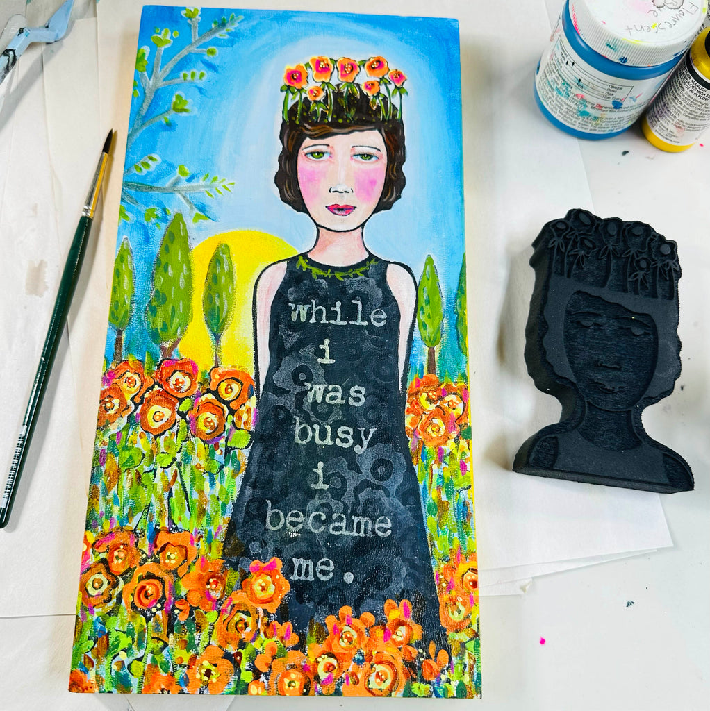 While I was Busy Original Mixed Media Stamped Painting for Ellen
